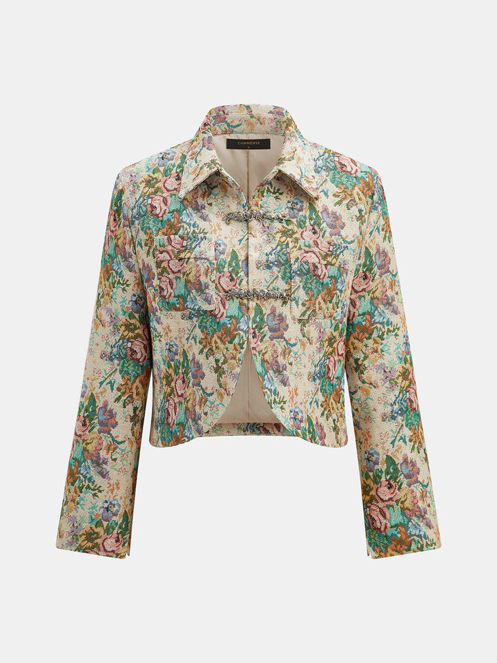 Floral tapestry jacquard cropped jacket, front view with collar and frog button closure