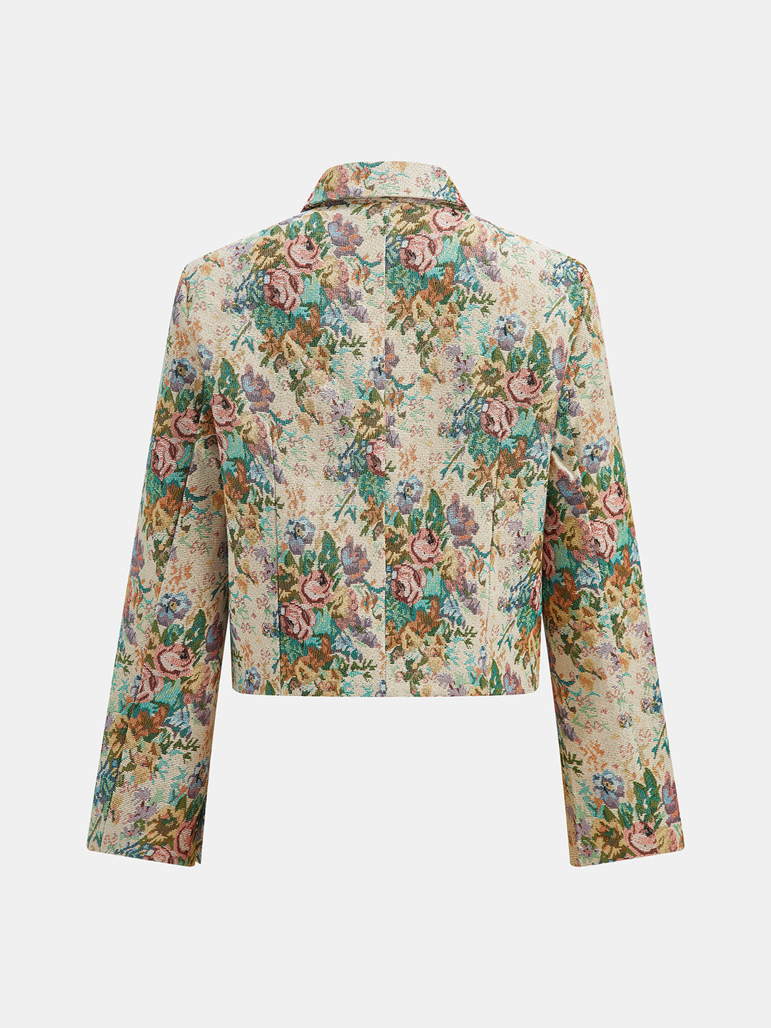 Back view of the khaki floral jacquard jacket showing the short boxy length
