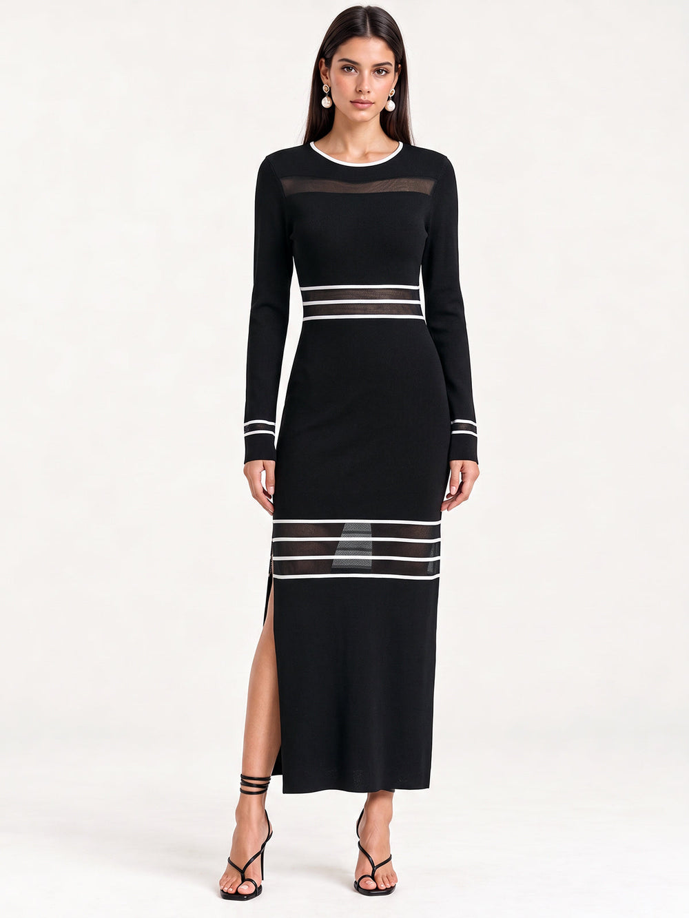 Mesh Striped Inset Slit Maxi Knit Dress — women's sweater dresses, back view