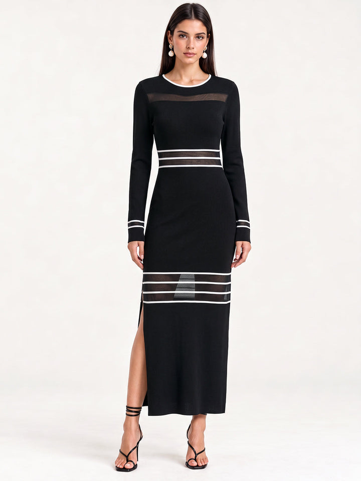 Mesh Striped Inset Slit Maxi Knit Dress