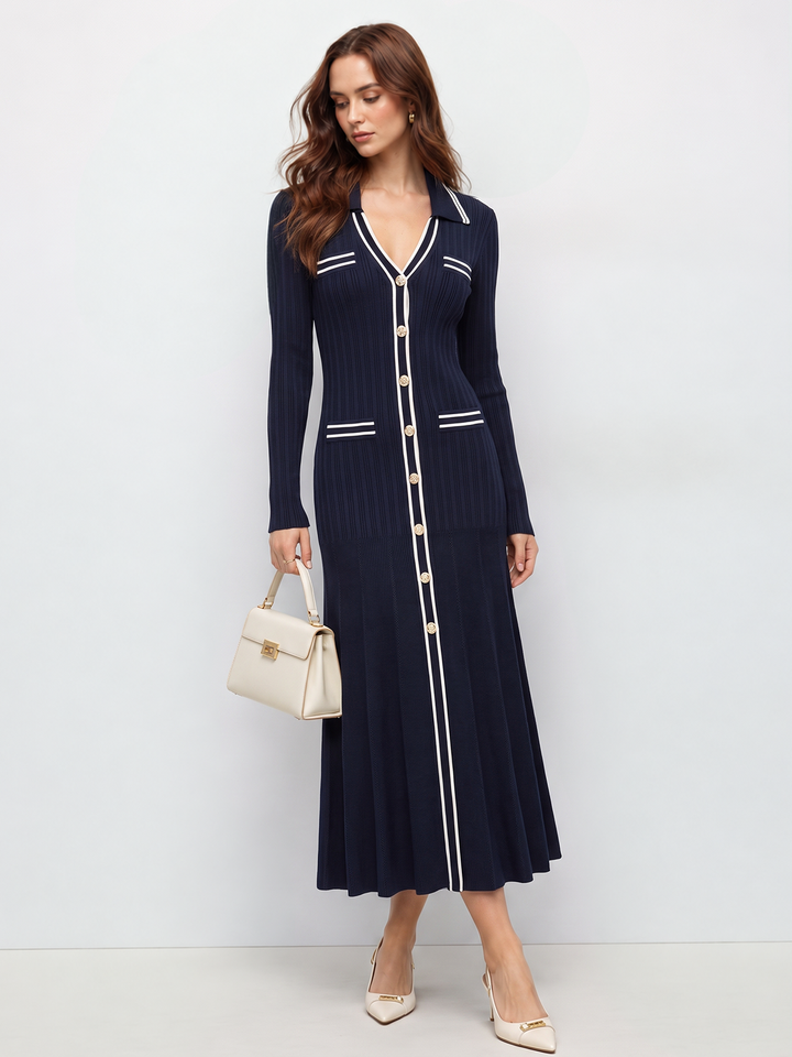 Contrast‑Trim Collared Metal‑Button Knit Maxi Dress