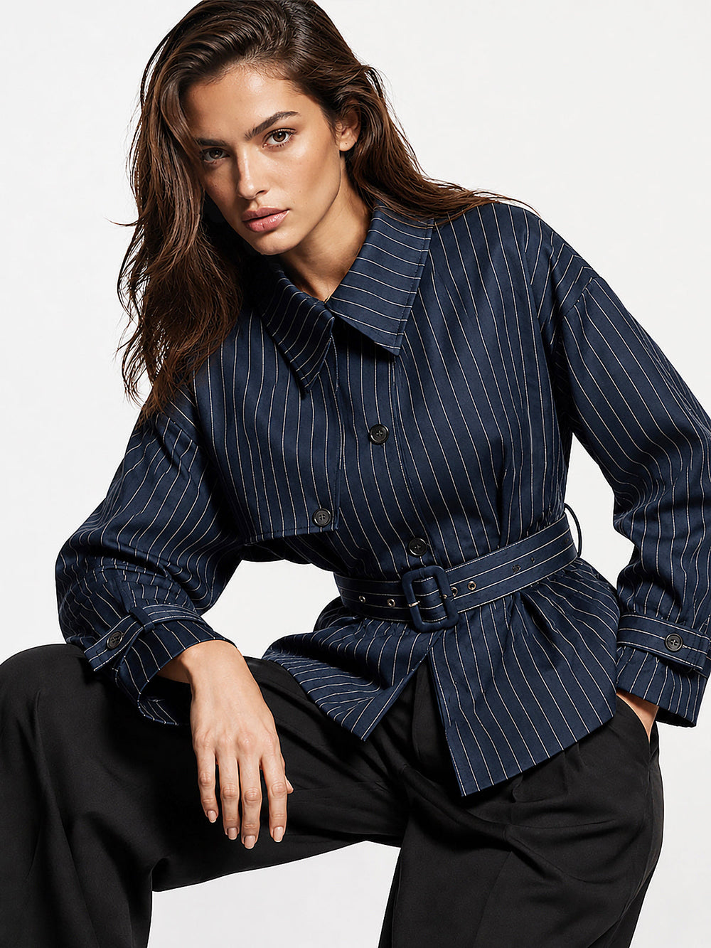 Lapel Collar Pinstripe Belted Trench Coat — women's trench coats, back view