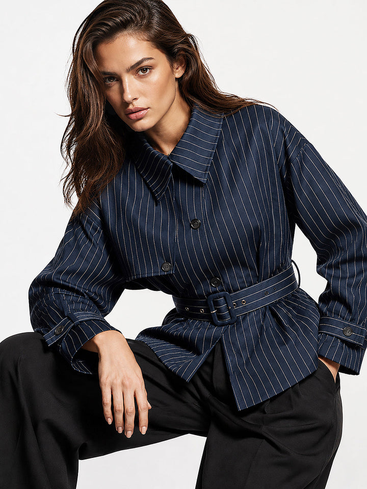 Lapel Collar Pinstripe Belted Trench Coat