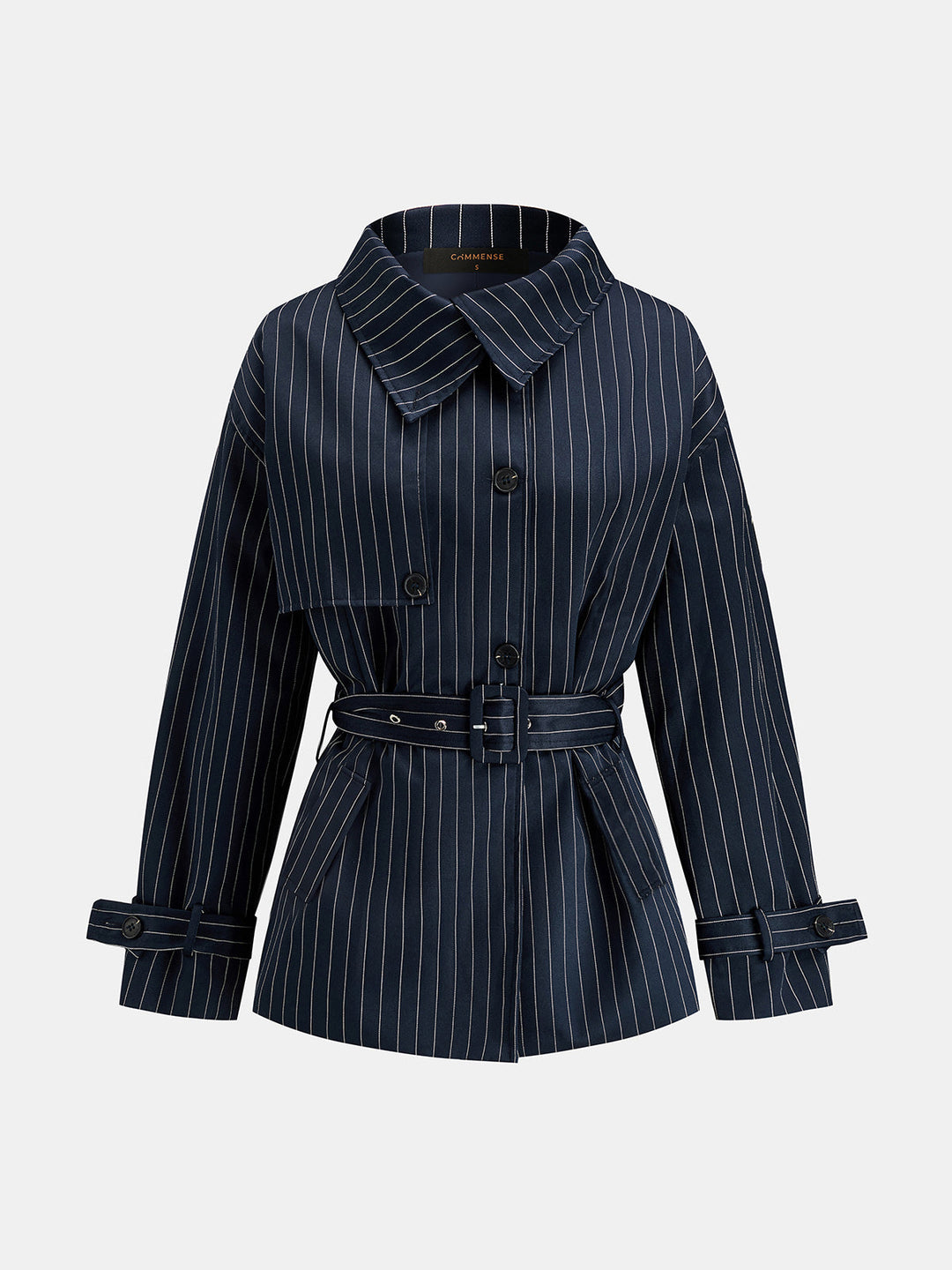 Lapel Collar Pinstripe Belted Trench Coat