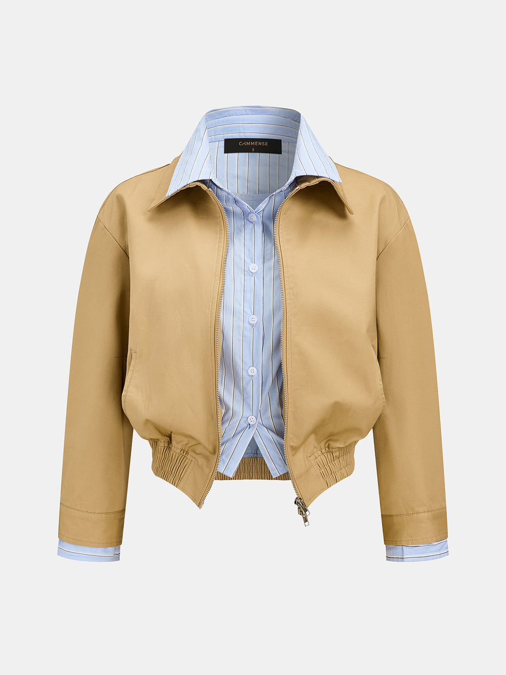 Front product shot of the tan faux two piece bomber with blue striped shirt insert