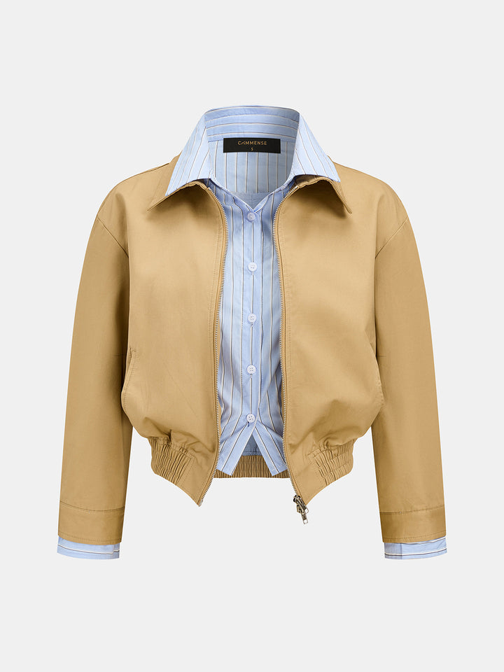 Front product shot of the tan faux two piece bomber with blue striped shirt insert