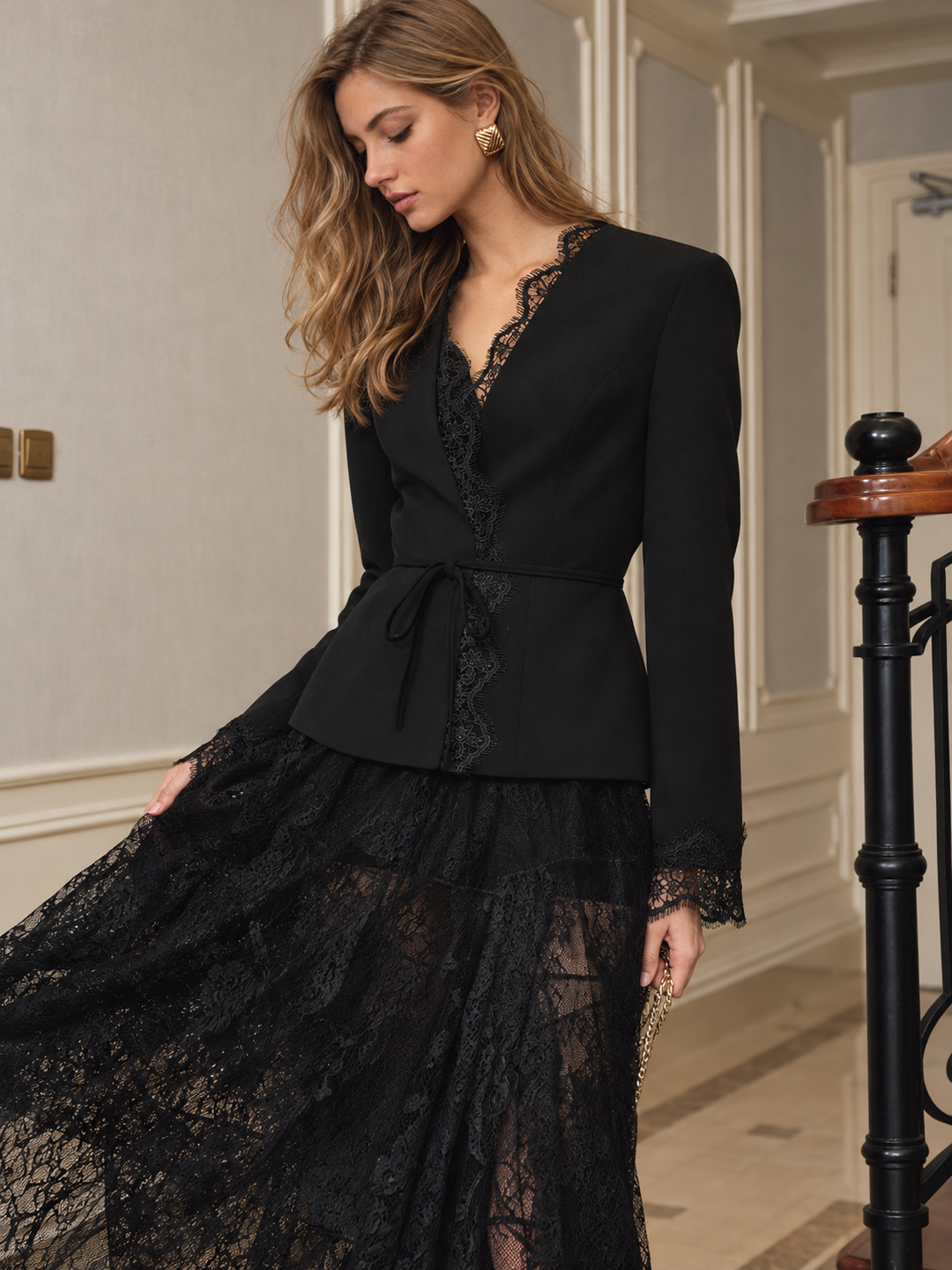 Lace Trim V‑Neck Belted Blazer
