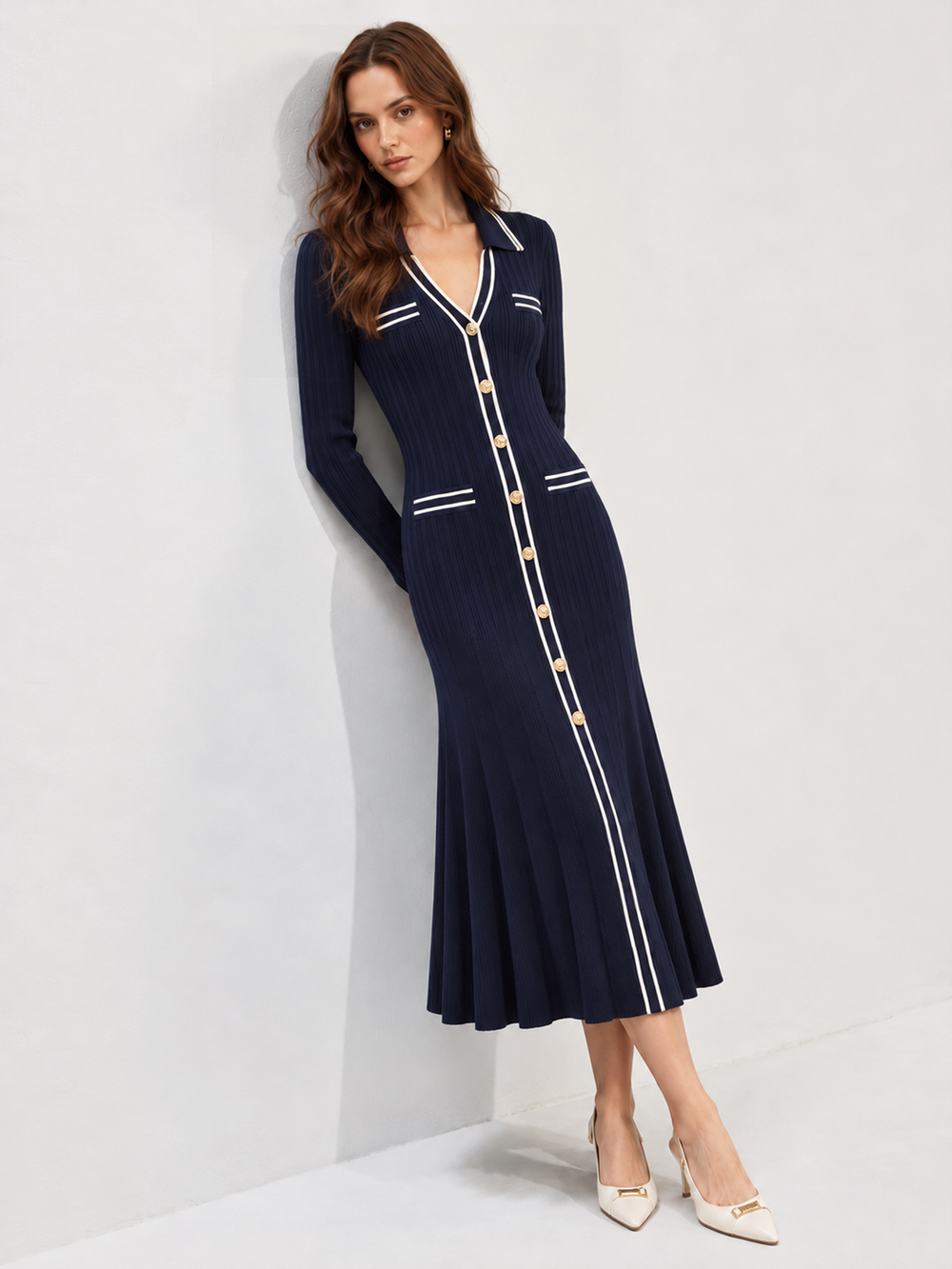 Contrast‑Trim Collared Metal‑Button Knit Maxi Dress — women's sweater dresses, back view