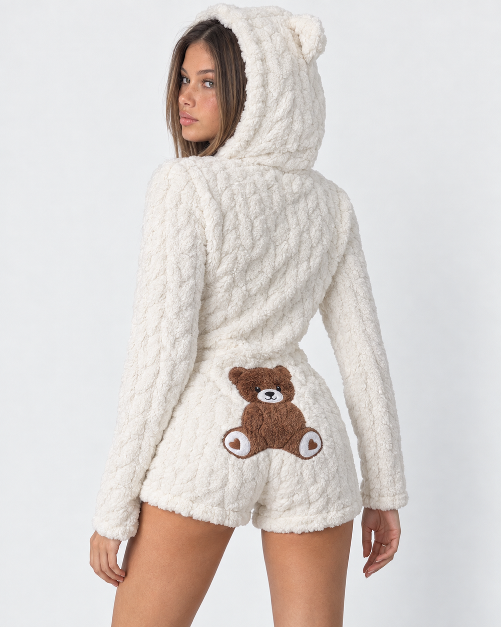 Bear Hug Plush Romper — women's rompers & jumpsuits, back view