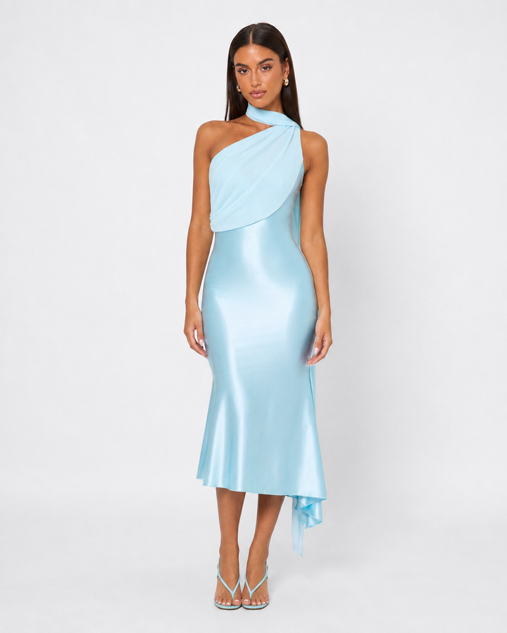 Seraphina Satin Midi — women's midi dress, styled as a complete outfit
