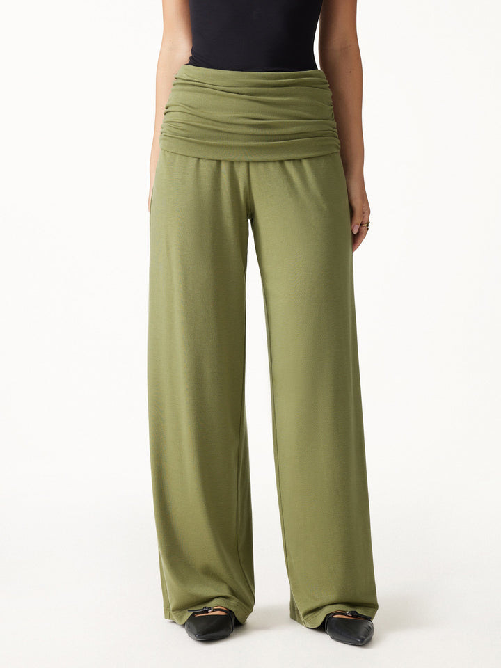 2Pcs Set Boatneck Built-In Bra Top 2.0 & Drapey Wide Leg Pull-on Pants with Pockets