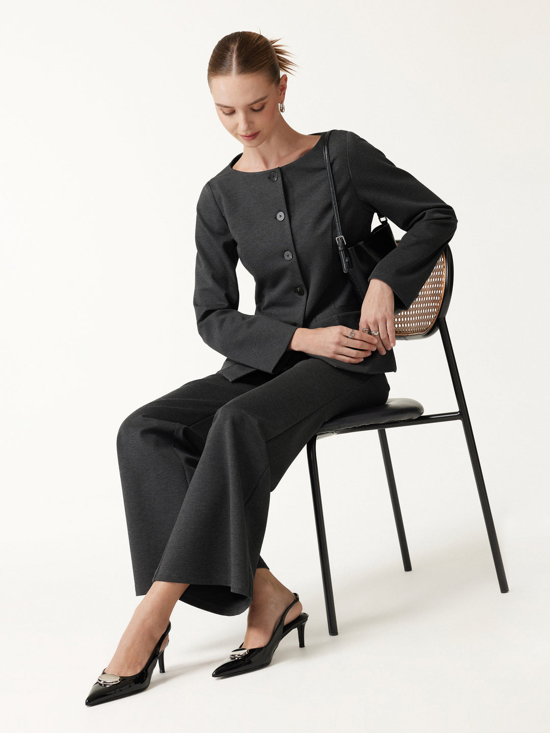 2Pcs Set Neck Long Sleeve Jacket with Pockets & Mid-Rise Wide-Leg Pants with Pockets — women's women > bundles&sets > bundles, front view