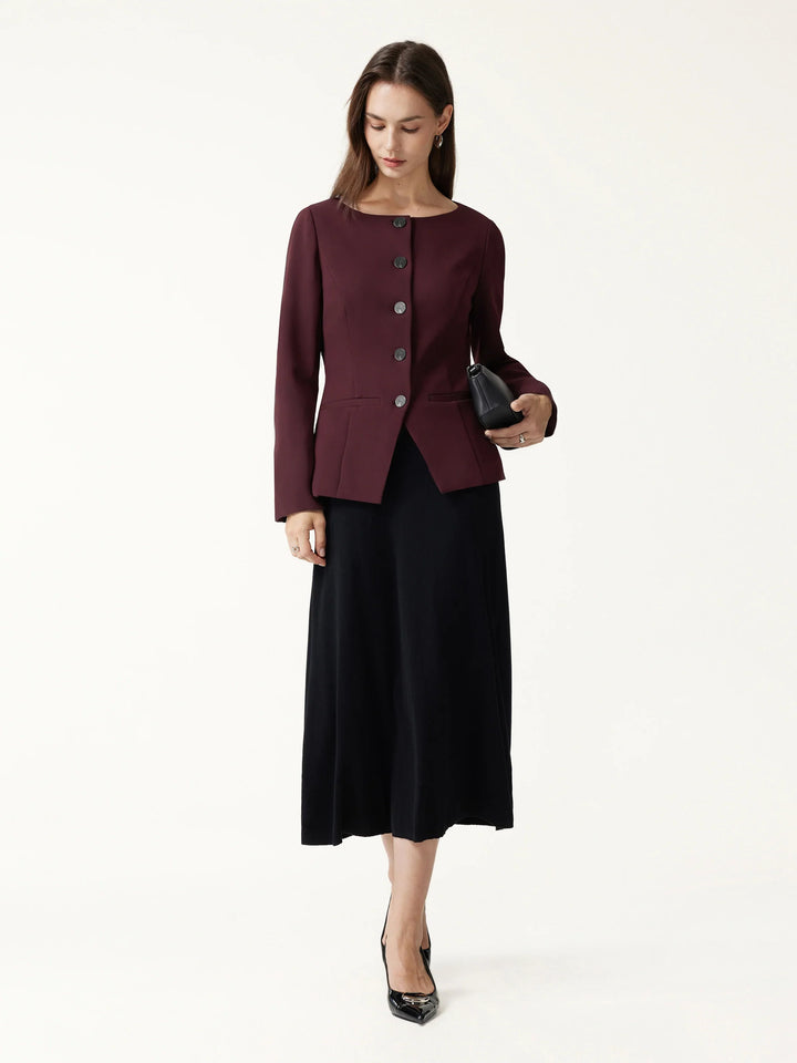 Ponte Office Round Neck Long Sleeve Jacket with Pockets