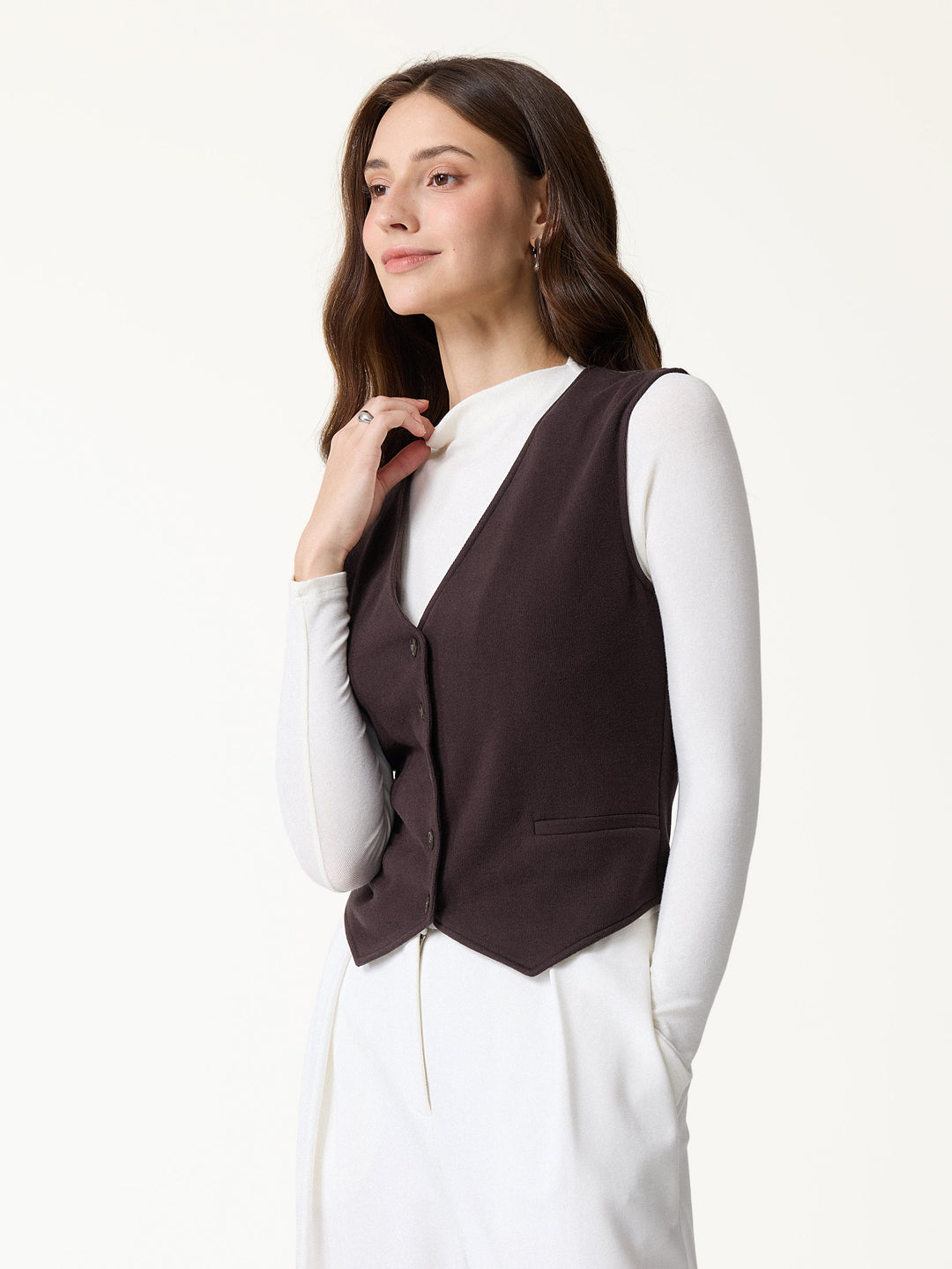 Petite-Friendly V-Neck Sleeveless Button-Down Cropped Vest