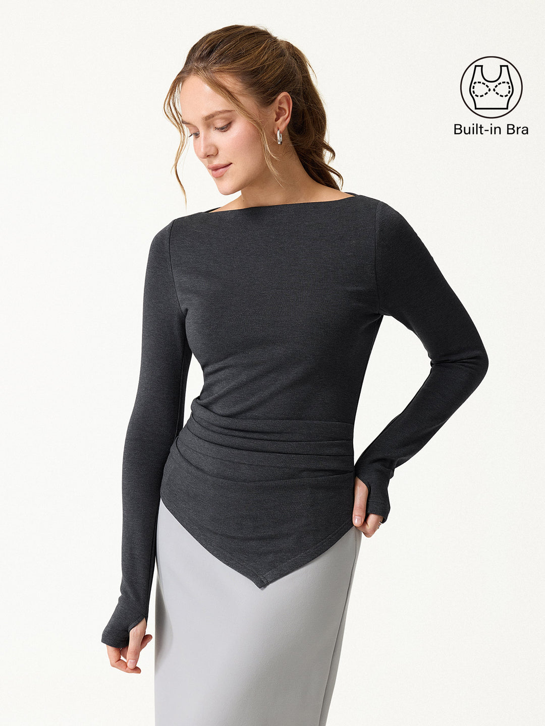 ProWarm Boatneck Side Tucks Asymmetrical Built-In Bra Top 2.0