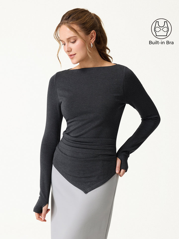 ProWarm Boatneck Side Tucks Asymmetrical Built-In Bra Top 2.0