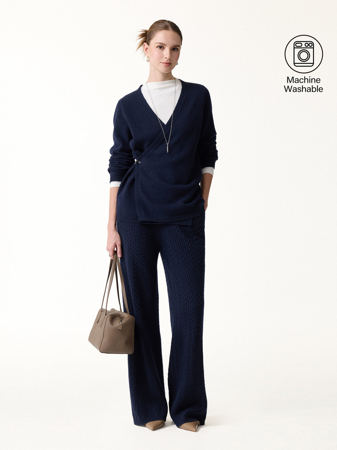 2Pcs Set V-Neck Long Sleeve Wrap Sweater & Cable-Knit Wide-Leg Pants with Pockets — women's women > bundles&sets > bundles, front view