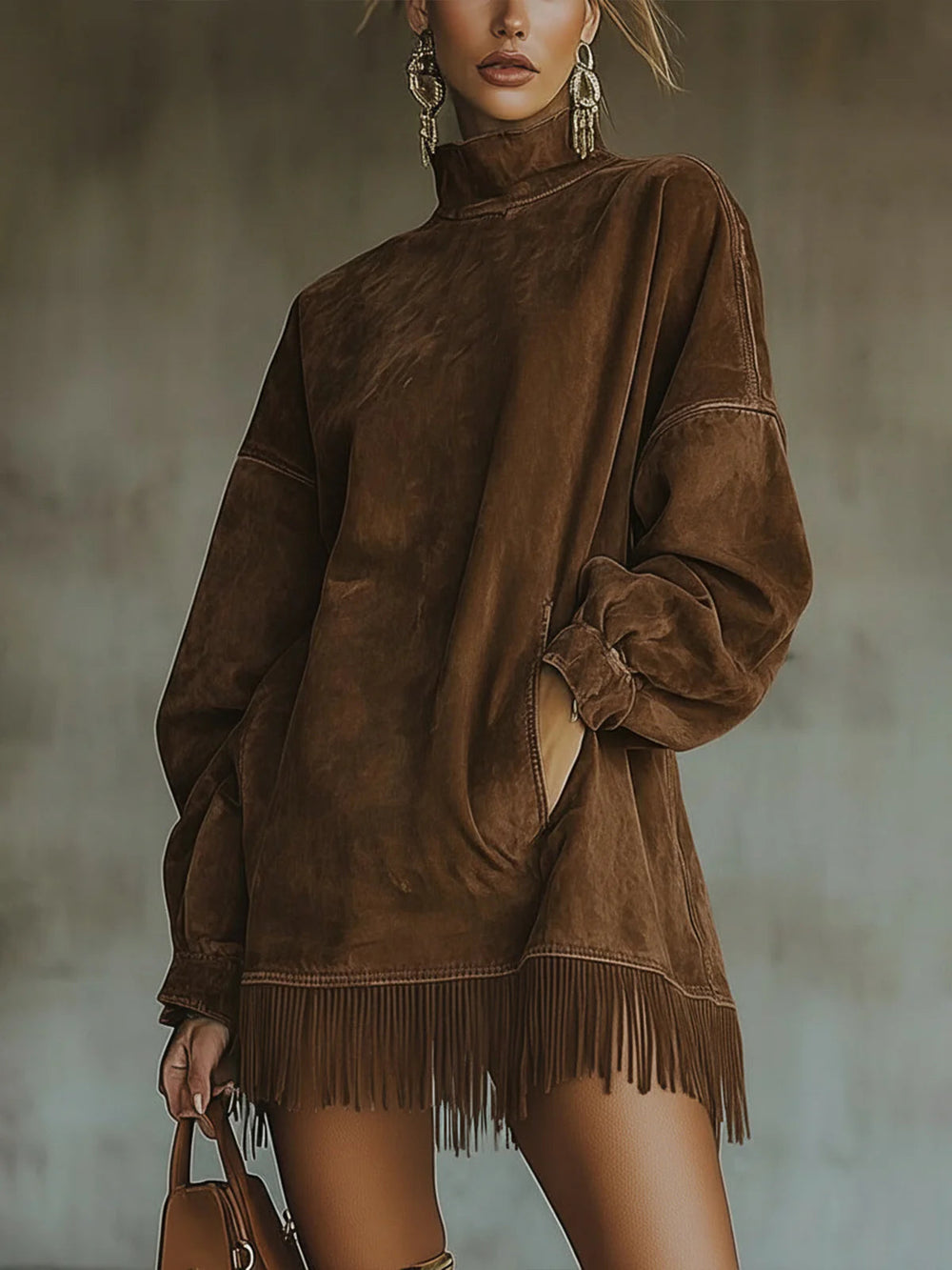 women's suede fringe dress – olive green turtleneck mini