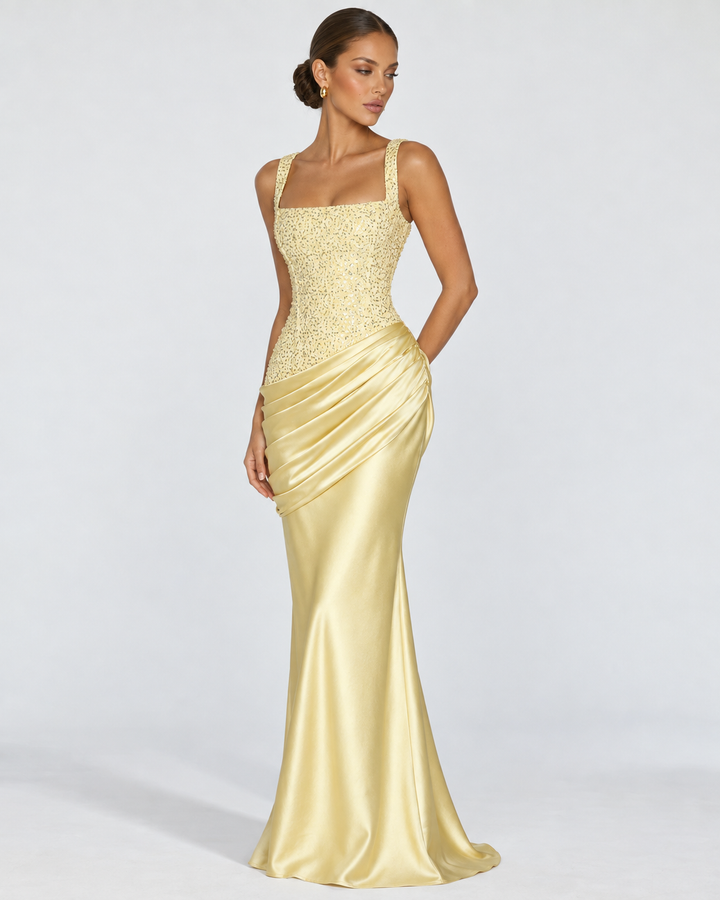Private Invite Maxi — women's maxi dress, close-up of the fabric and neckline