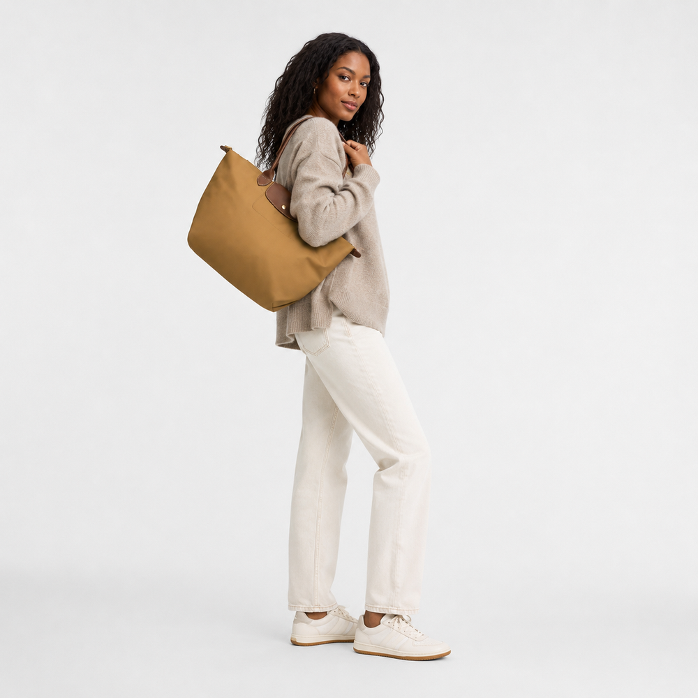 Longchamp Le Pliage Large Tote Fawn Camel styled shot