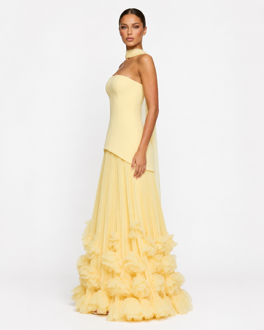 Rosette Gown Maxi - women's gown, model wearing it, three-quarter view