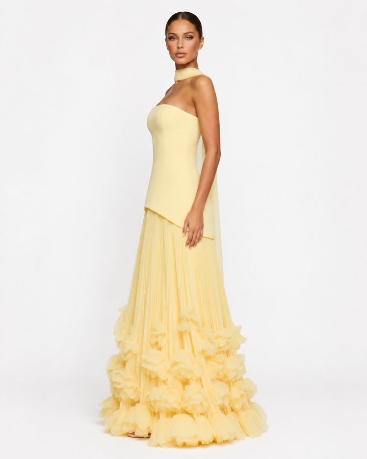 Rosette Gown Maxi - women's gown, model wearing it, three-quarter view