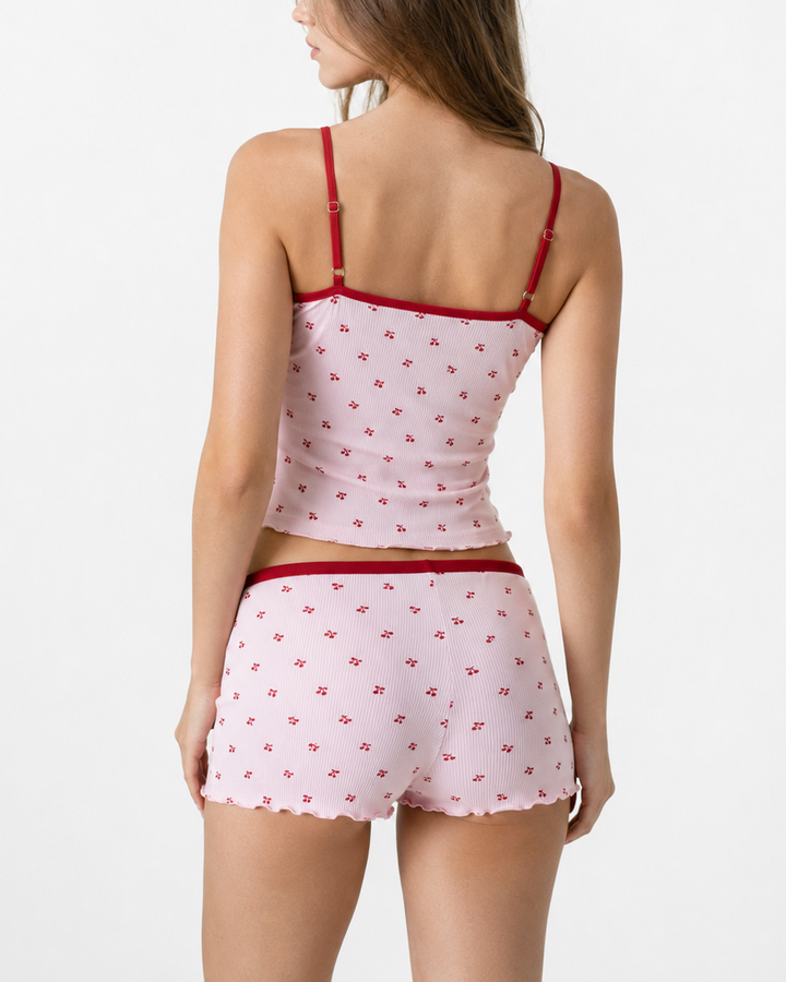 Cherry Kisses Set — women's two-piece set, close-up of the fabric and trim