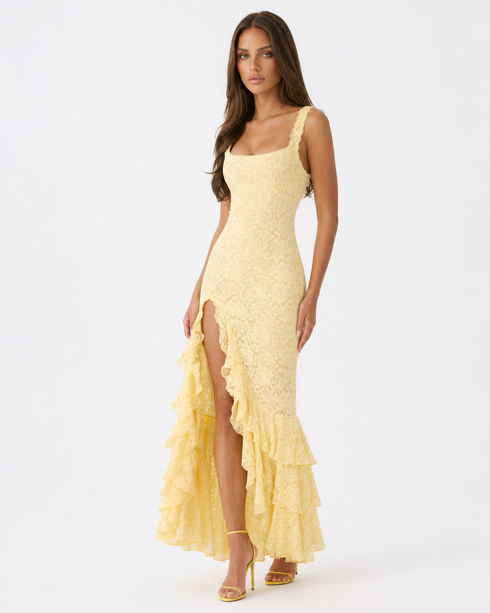 Amalfi Lace Maxi Dress square neck detail