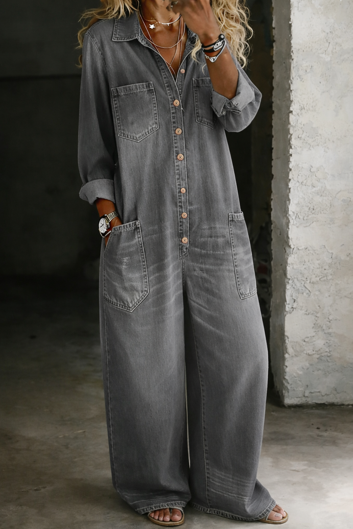 Lena Denim Jumpsuit — back view