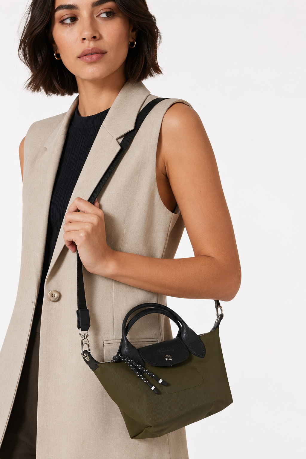 Longchamp Le Pliage Energy XS Crossbody Handbag Khaki Olive Green lifestyle