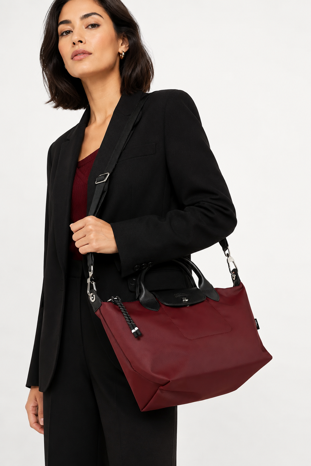 Longchamp Le Pliage Energy Small Crossbody Bag Burgundy Wine Red worn crossbody
