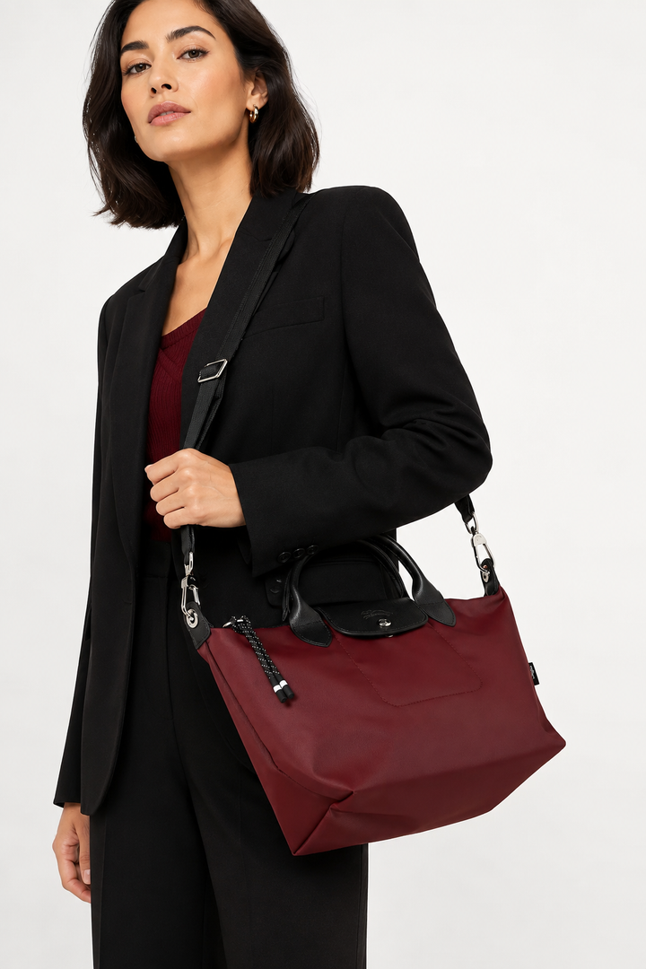 Longchamp Le Pliage Energy Small Crossbody Bag Burgundy Wine Red worn crossbody