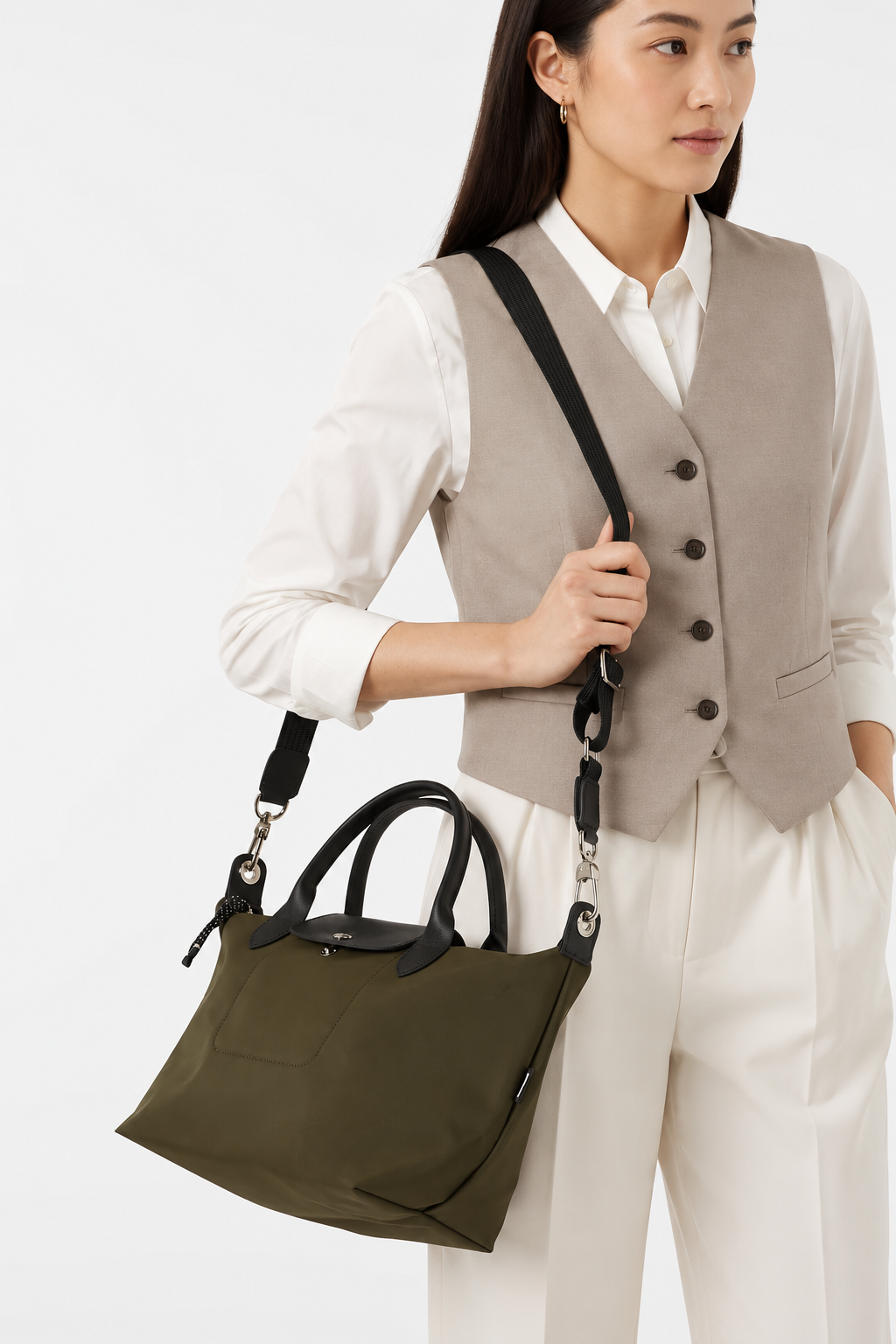 Longchamp Le Pliage Energy Small Crossbody Bag Khaki Olive Green worn crossbody