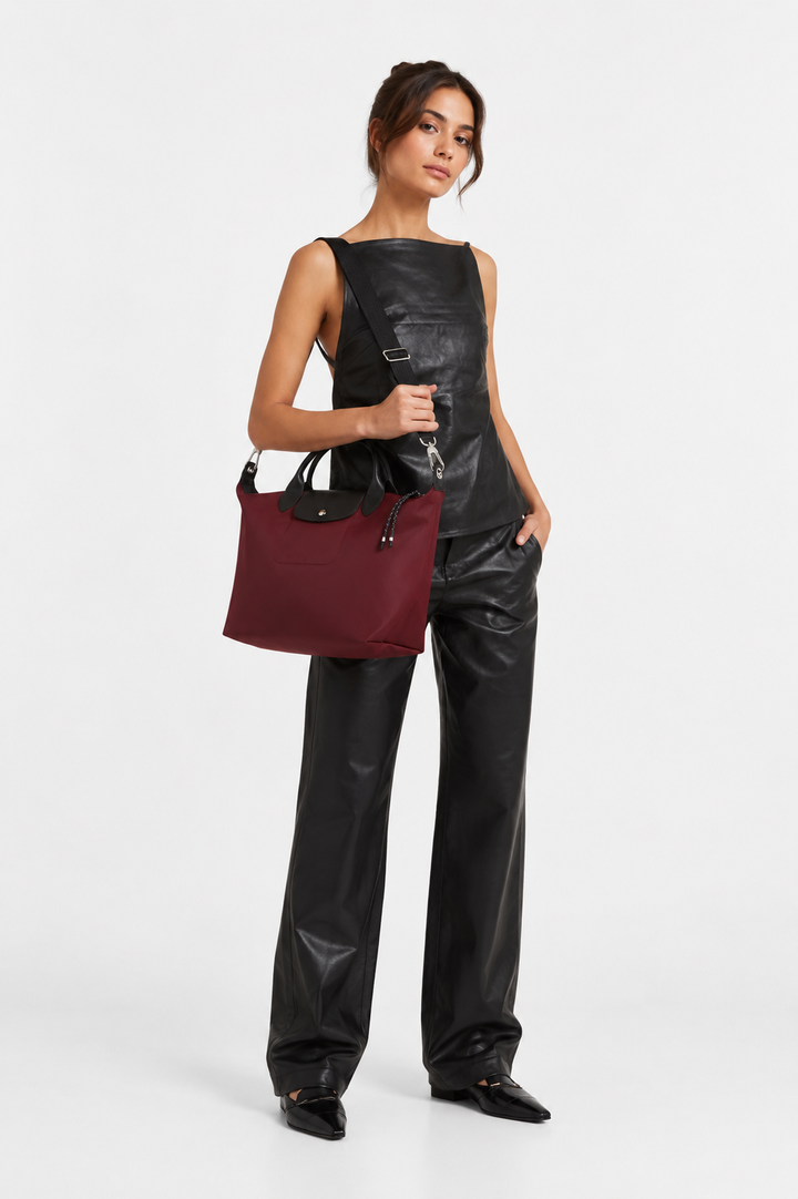Longchamp Le Pliage Energy L Bag Burgundy — worn shoulder