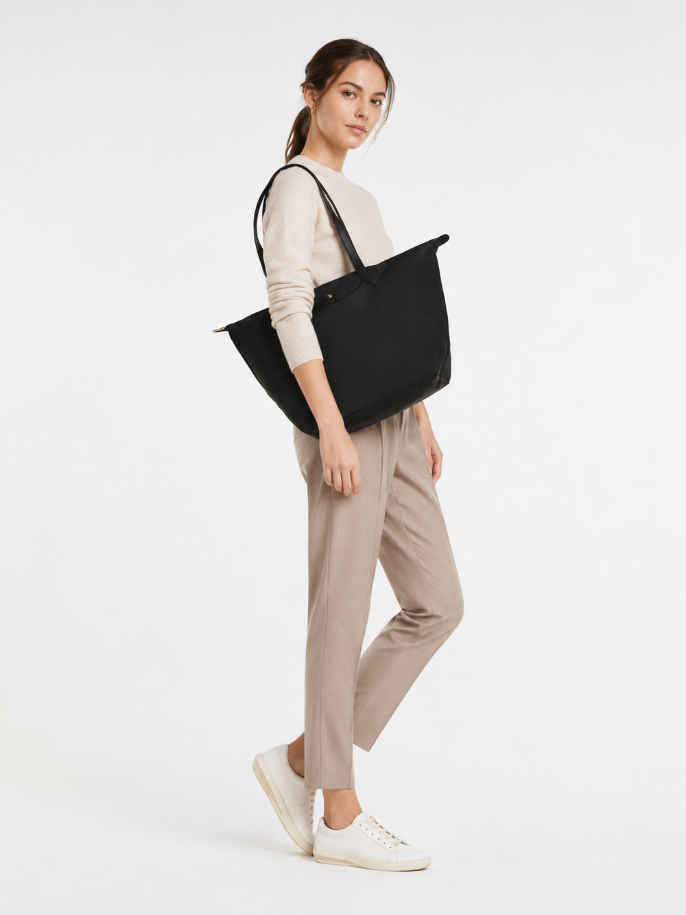 Longchamp Le Pliage Green Medium Tote Bag Black Canvas Worn Over Shoulder Model