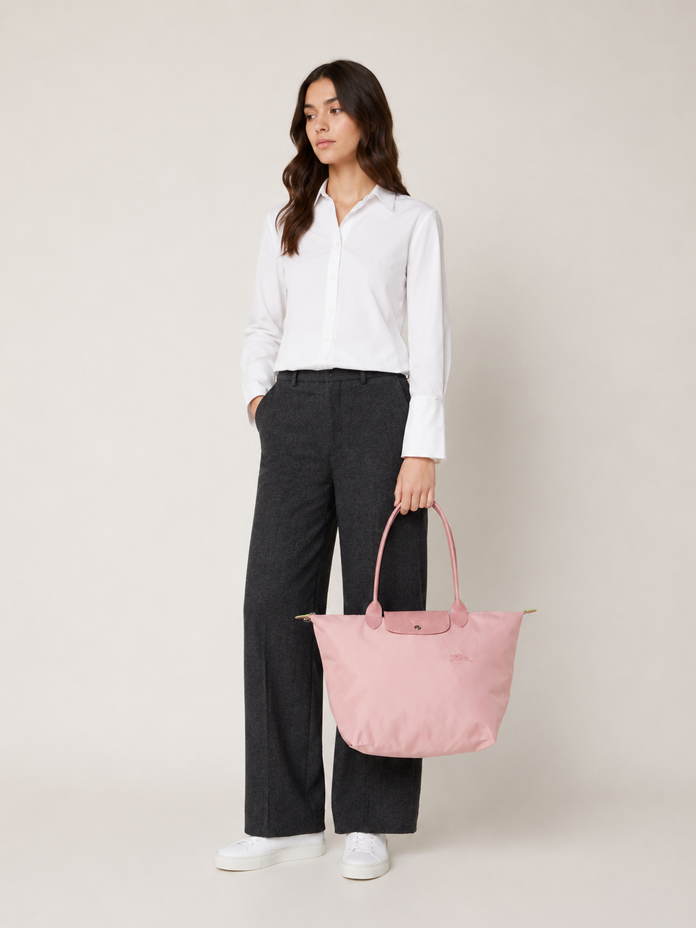 Longchamp Le Pliage Green Medium Tote Bag Petale Pink Lifestyle Model