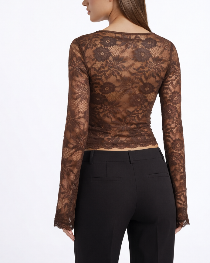 Lace Affair Long Sleeve Top — women's top, detail of the neckline