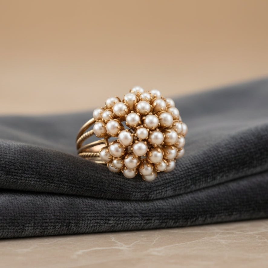 Pearl gold ring displayed alongside other jewellery pieces