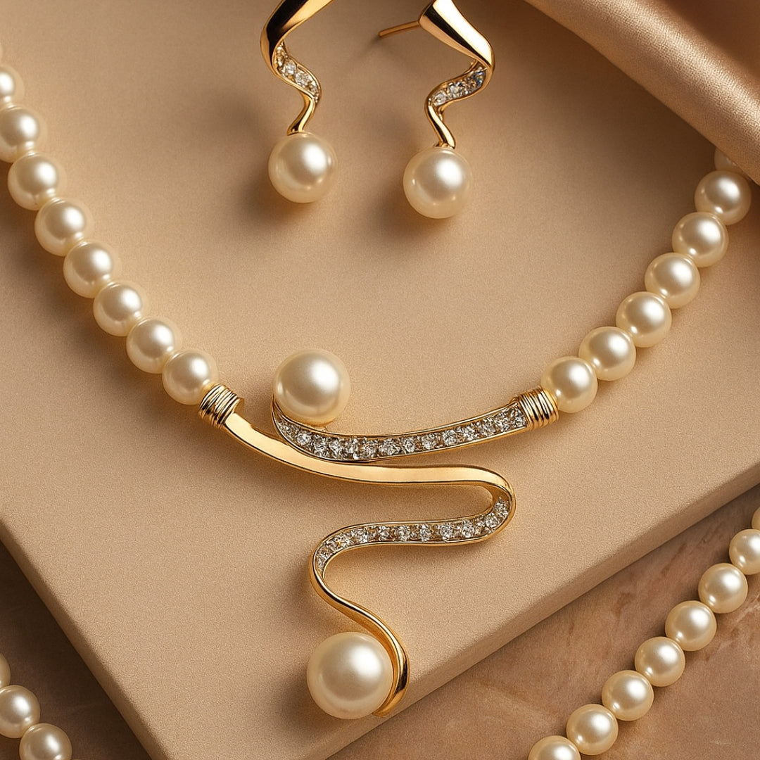 Model wearing the pearl necklace and earring set together