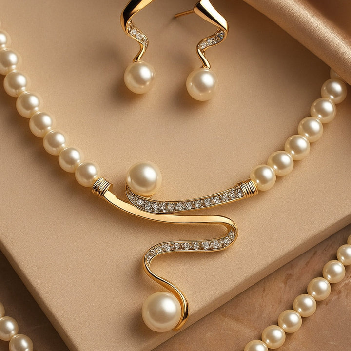 Model wearing the pearl necklace and earring set together