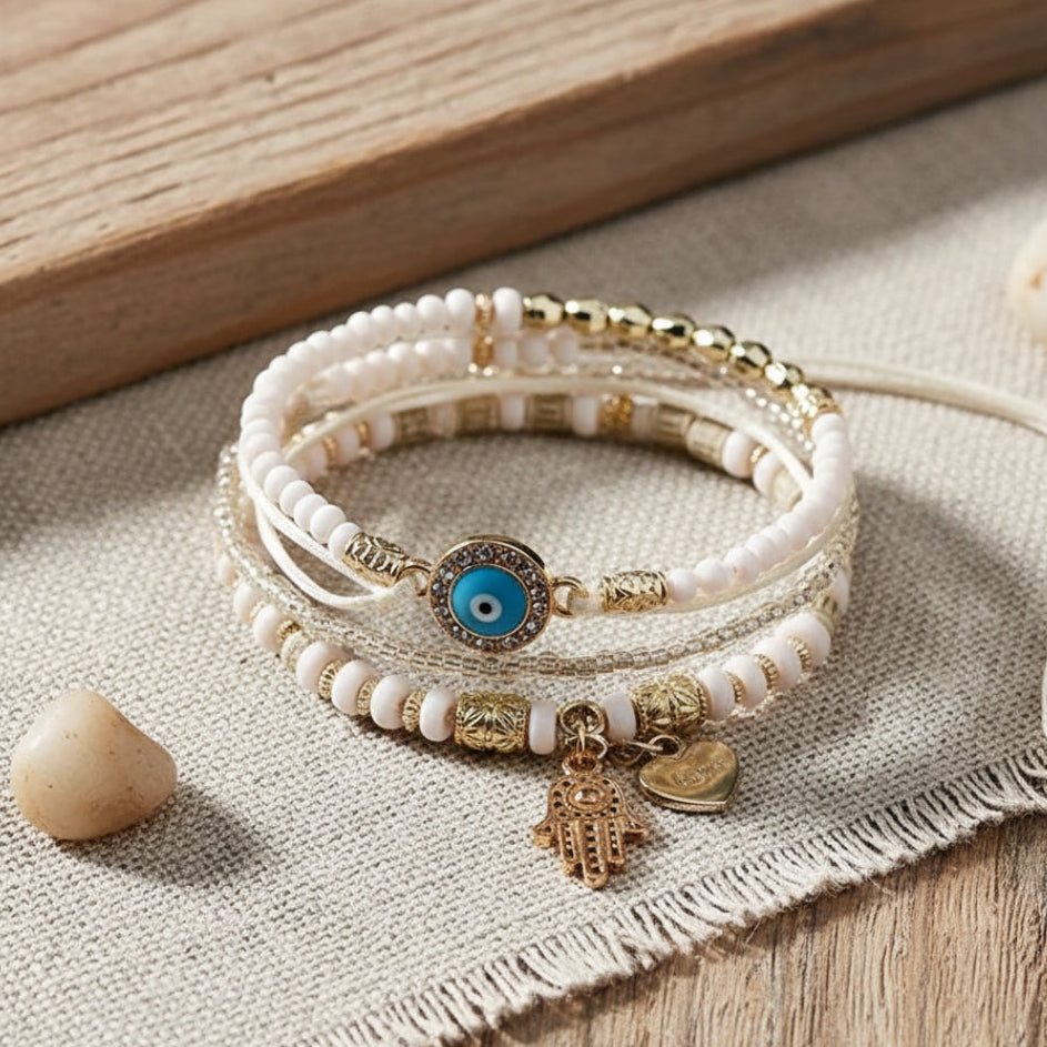 Elegant gold hamsa bracelet bundle displayed on a white background