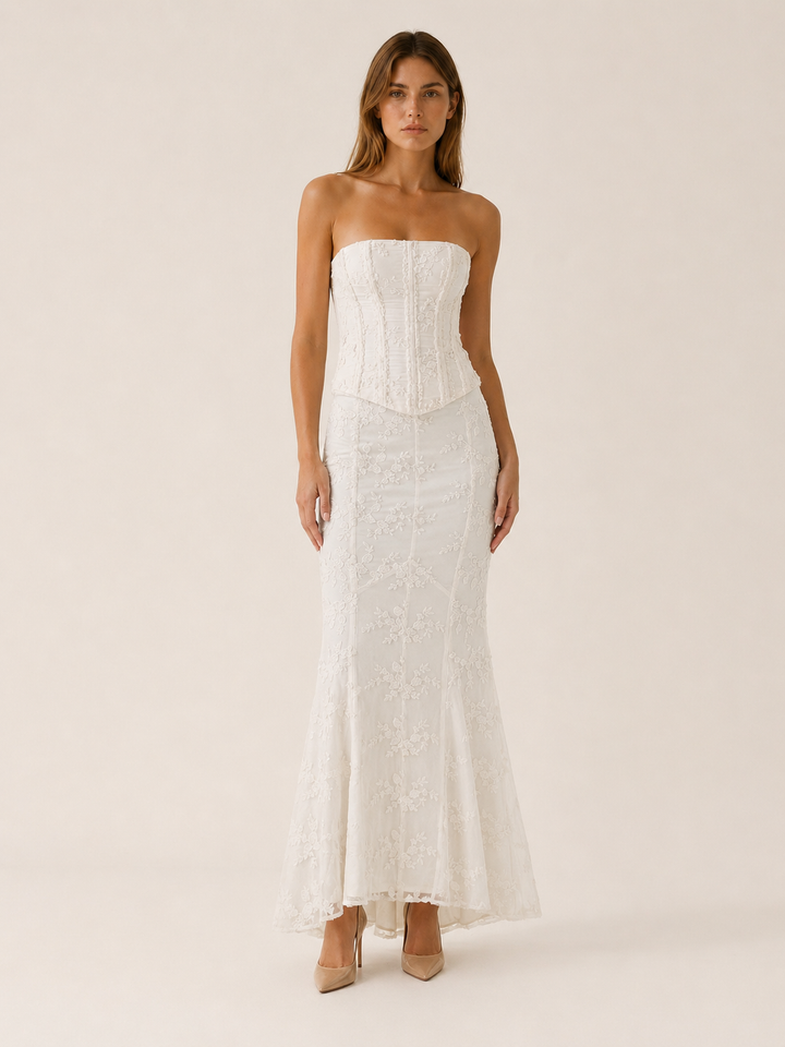 White Corset Lace Maxi Dress with Mermaid Hem – front view
