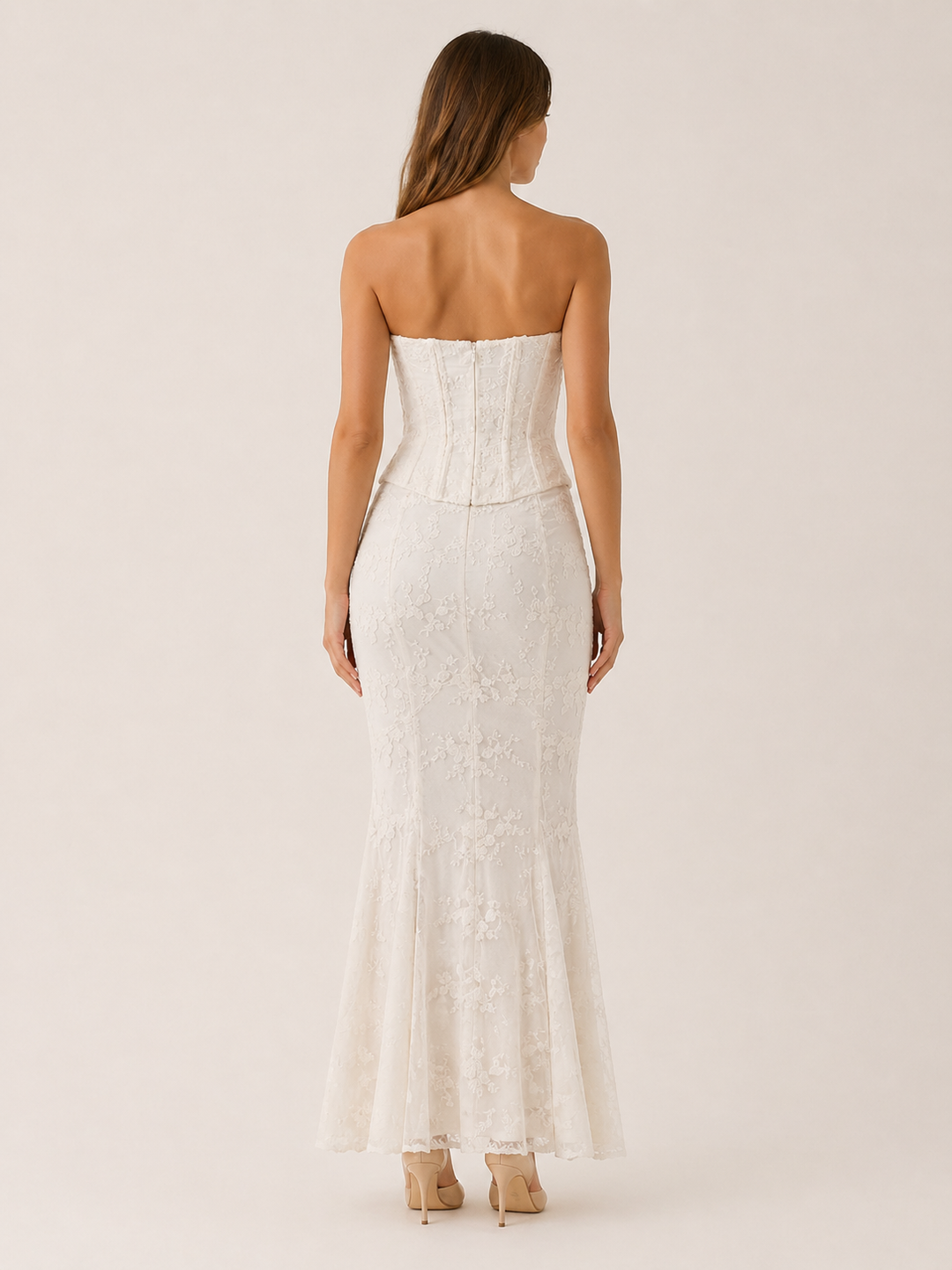 White Corset Lace Maxi Dress with Mermaid Hem – side view