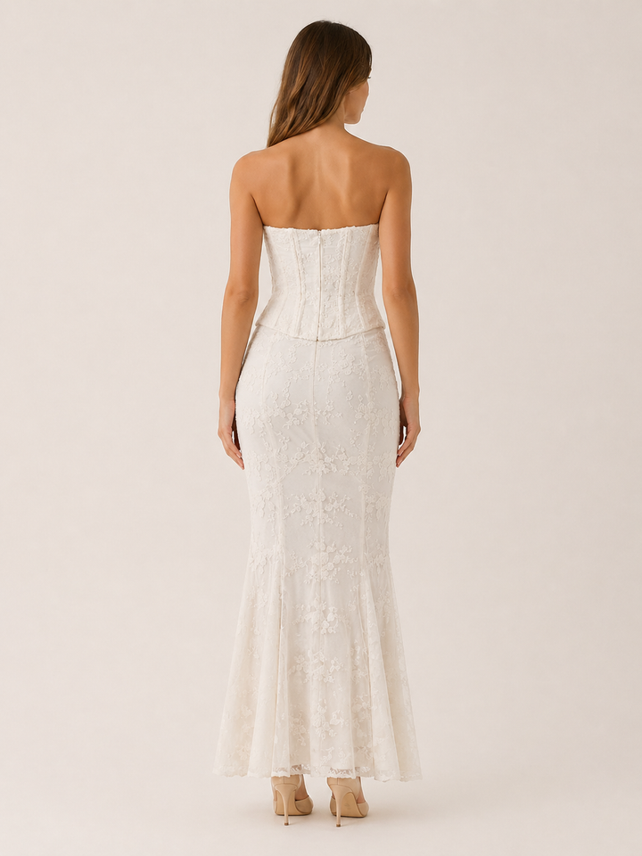 White Corset Lace Maxi Dress with Mermaid Hem – side view