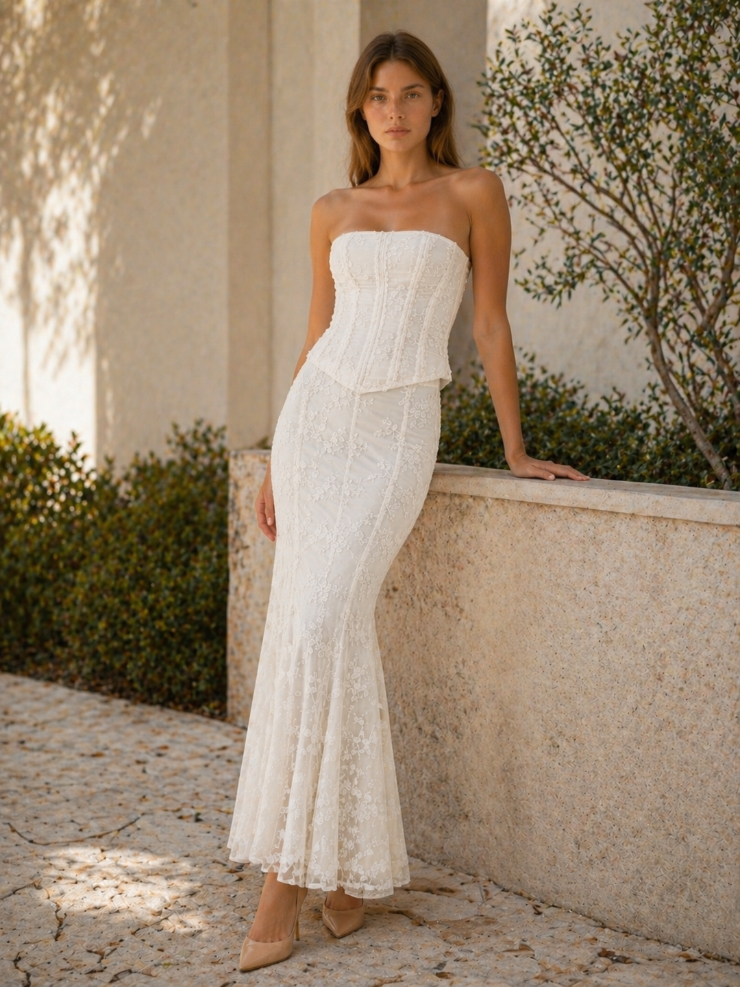 White Corset Lace Maxi Dress with Mermaid Hem – back view
