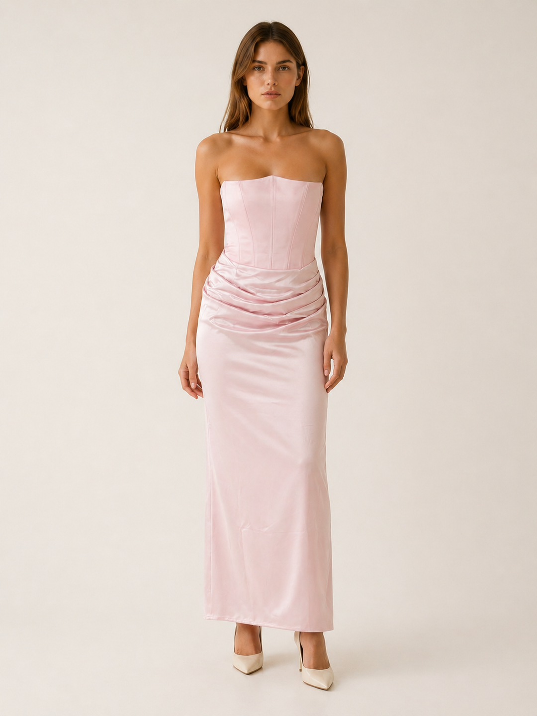 Pink Corset Maxi Dress with Ruched Detail – detail view