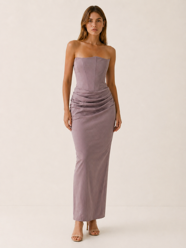 Pink Corset Maxi Dress with Ruched Detail – close-up