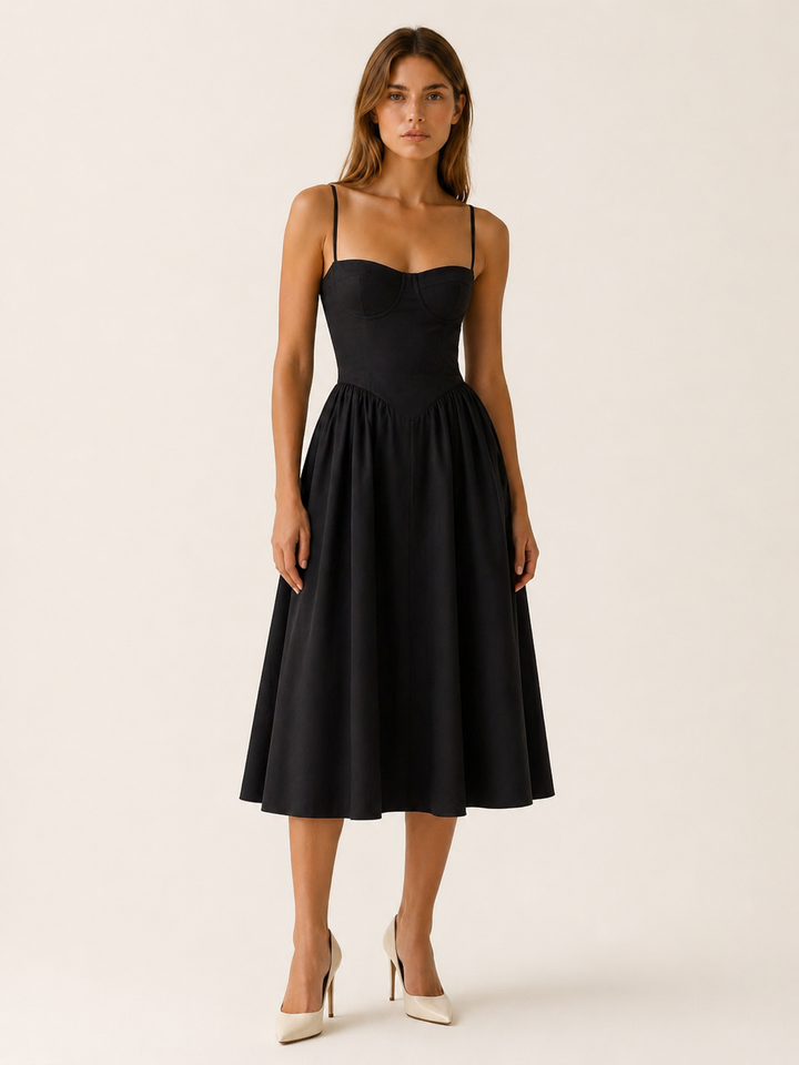 Navy Corset Midi Dress with Sweetheart Neck – detail view