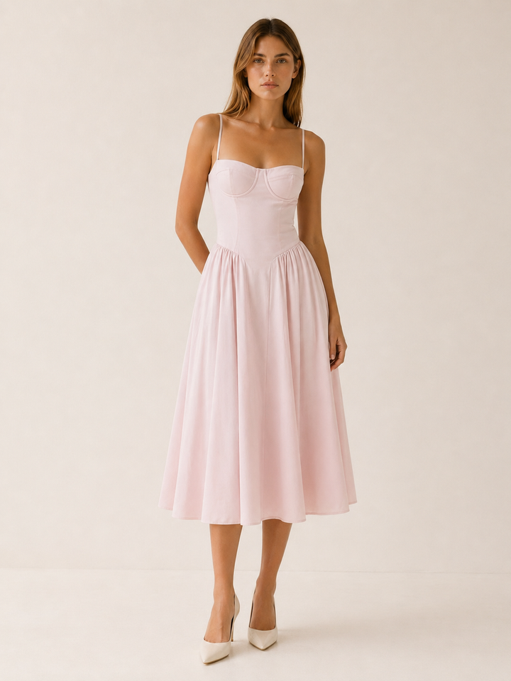 Navy Corset Midi Dress with Sweetheart Neck – angled view