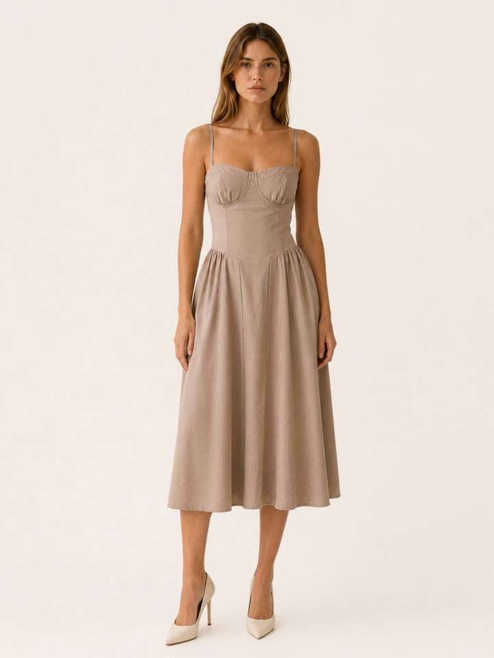 Green Corset Midi Dress with Sweetheart Neck – model view